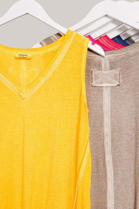 ZENANA WASHED SLEEVELESS V-NECK TOP W HI-LOW HEM