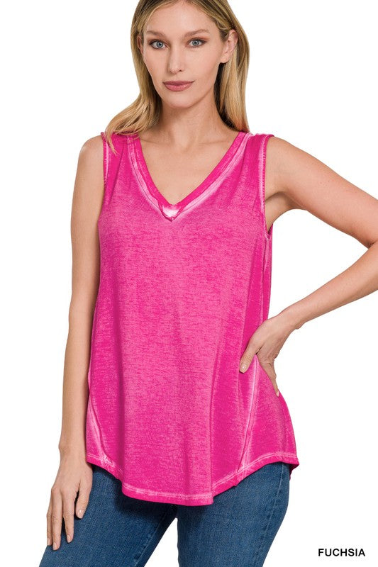 ZENANA WASHED SLEEVELESS V-NECK TOP W HI-LOW HEM