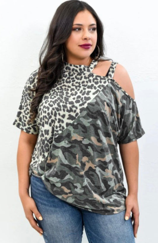 Leopard Camo Splicing Asymmetric Cold Shoulder Plus Size Top