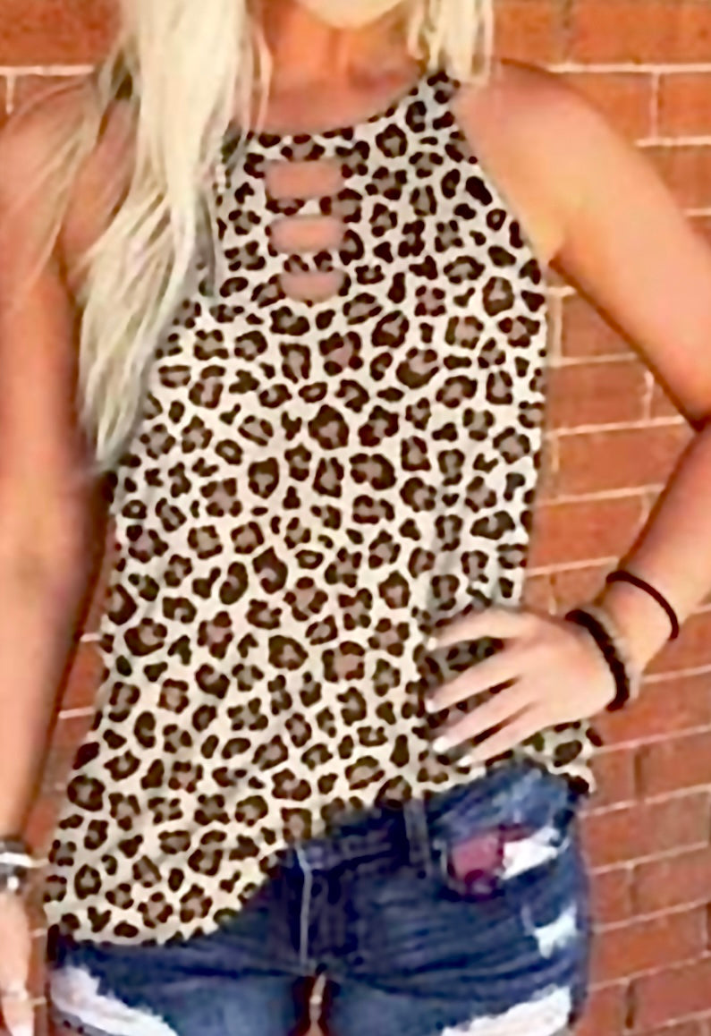 Leopard Cut Out Crew Neck Tank