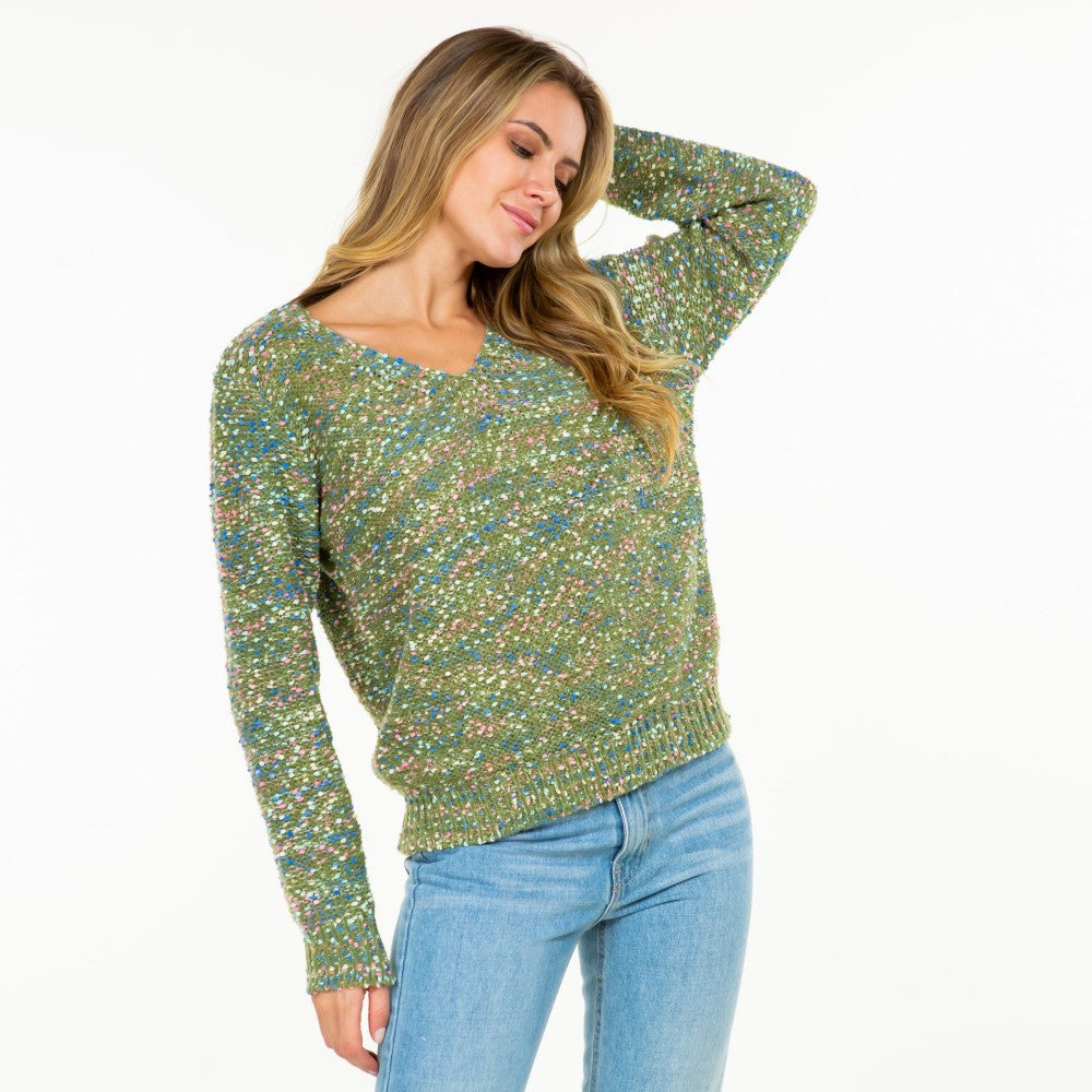 Green Knitted V-Neck Confetti Sweater