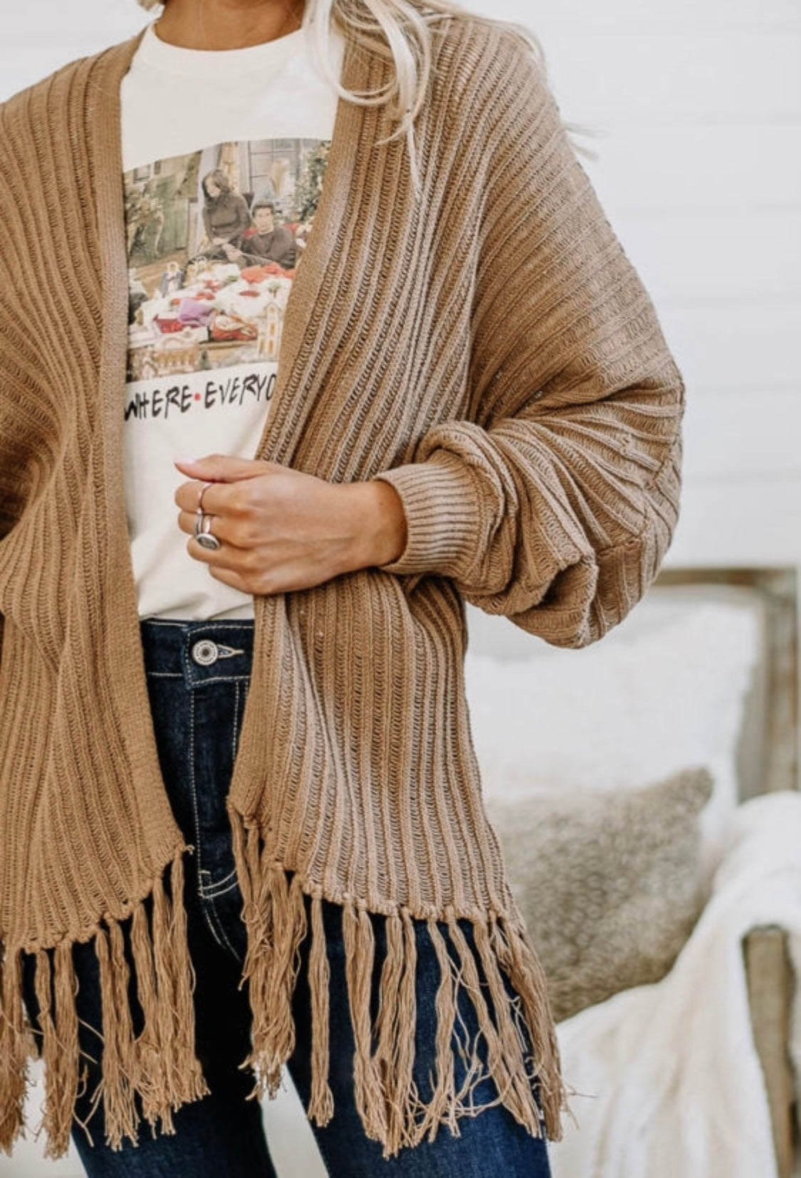 Khaki Open Front Fringed Cardigan