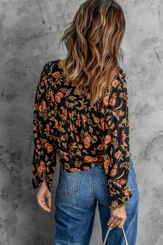 Floral Print Pleated Long Sleeve Blouse