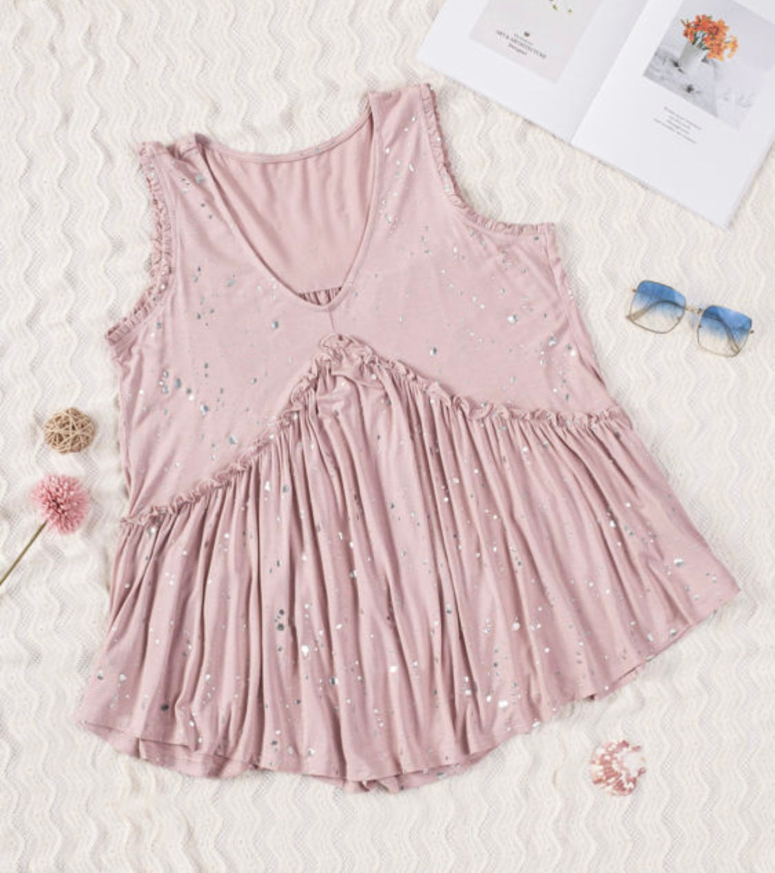 Blushing Foiled Splatter Ruffled Babydoll Top