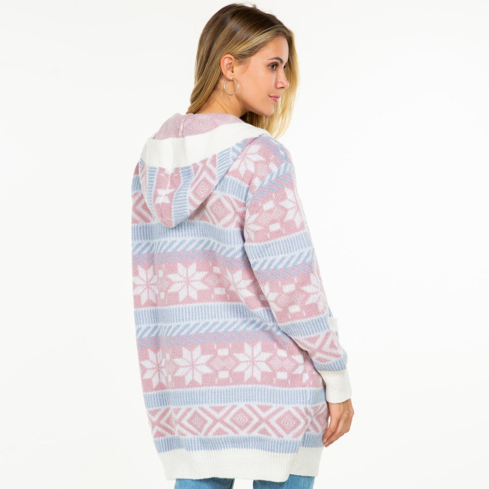 Hooded Knit Abstract and Nordic Snowflake Printed Open Hooded Cardigan