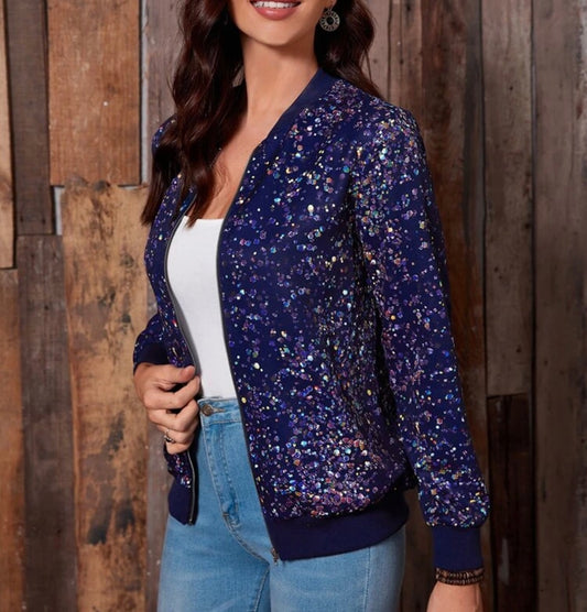 Navy Blue Confetti Bomber Jacket