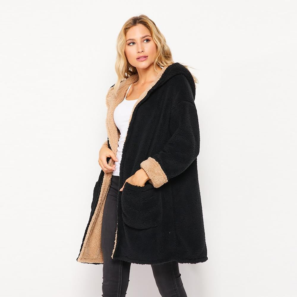 Color Contrast Sherpa Hoodie Cardigan