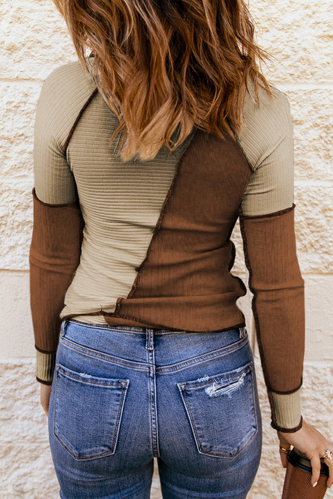 Brown Irregular Color Block Seaming Trim Rib Knit Top