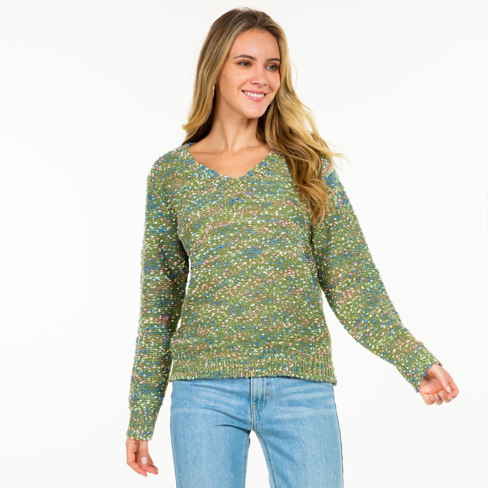 Green Knitted V-Neck Confetti Sweater