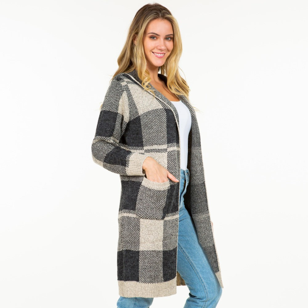 Knit Plaid Long Open Cardigan with Hood and Pockets