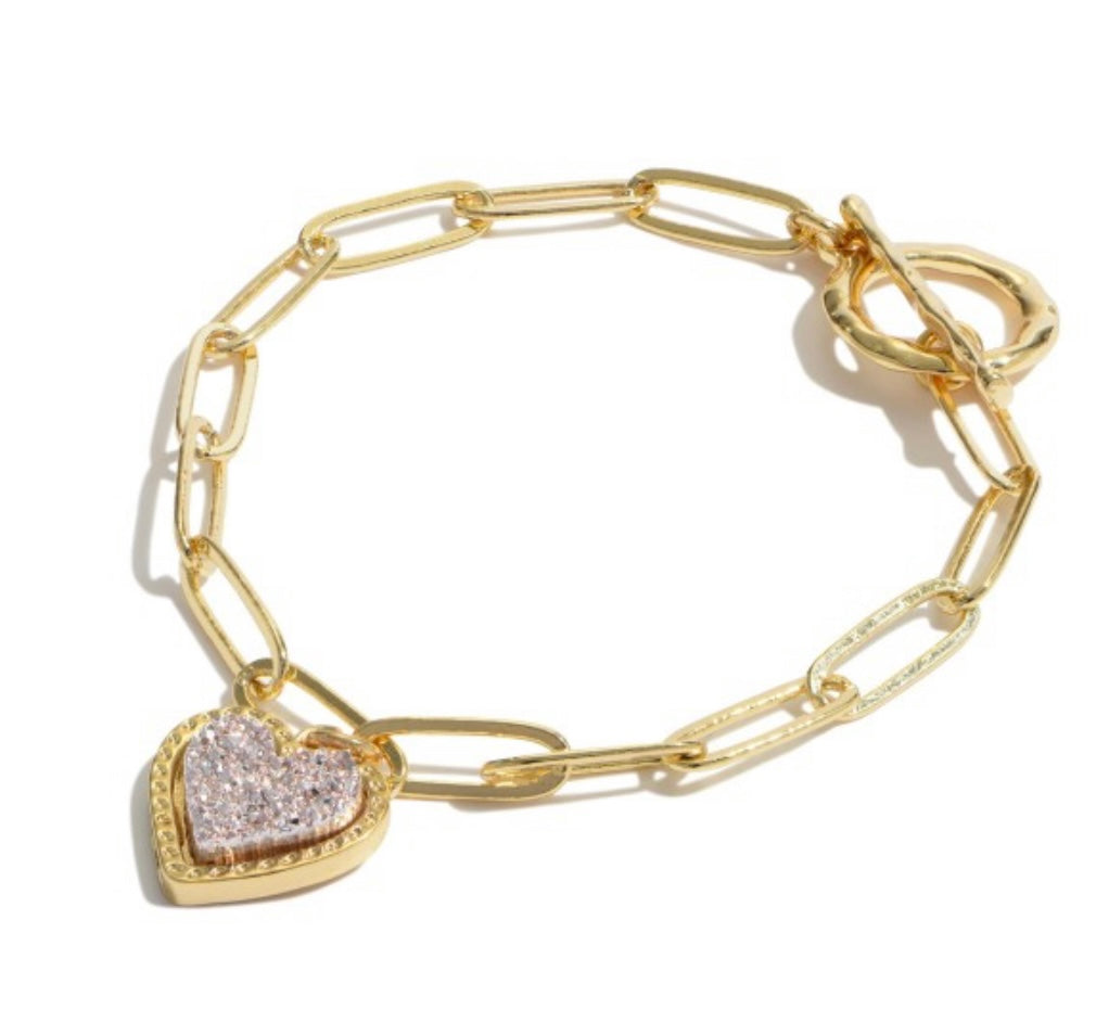 Chain Link Druzy Heart Charm Toggle Bar Bracelet-Multiple Colors Available