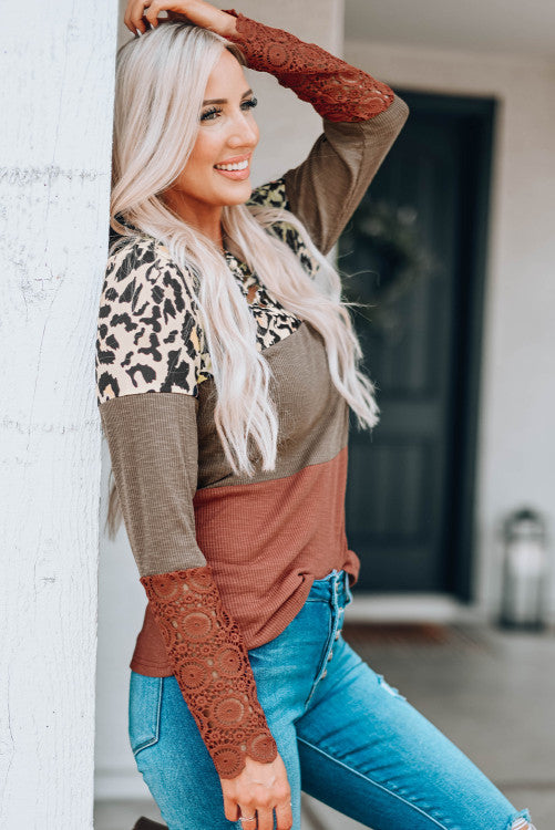 Lace Splicing Hollow-out Leopard Color Block Top