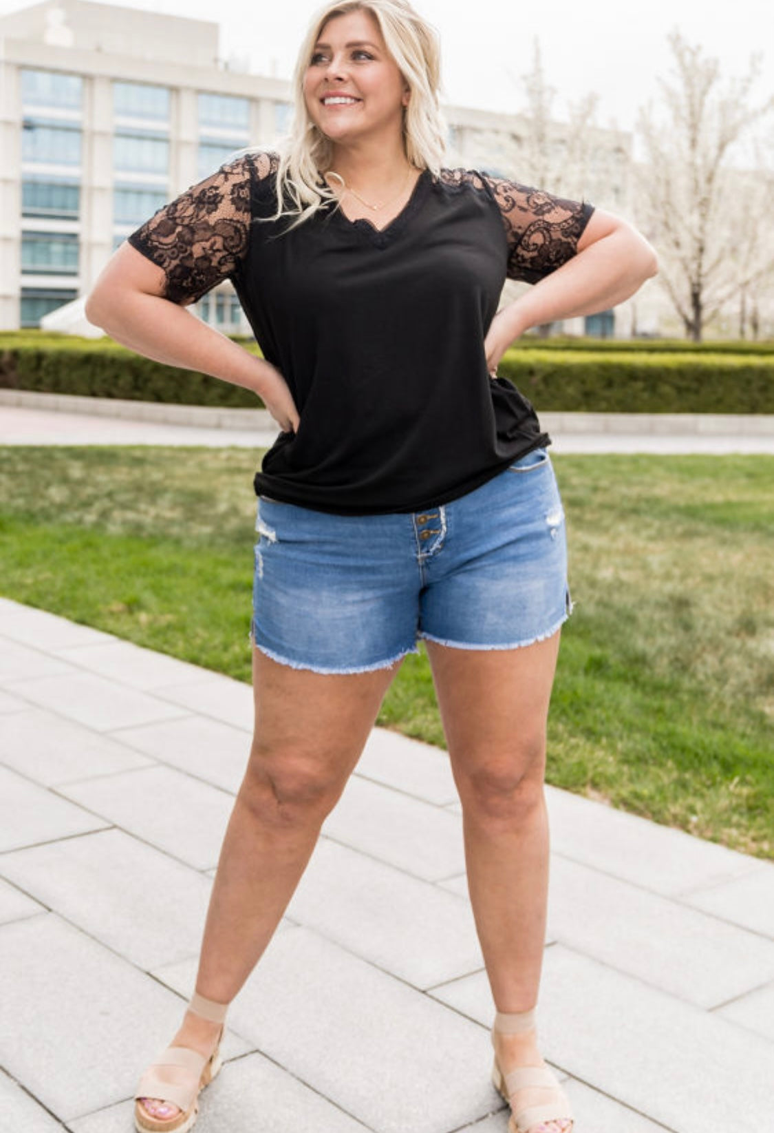 Lace Sleeved Black Top-Curvy