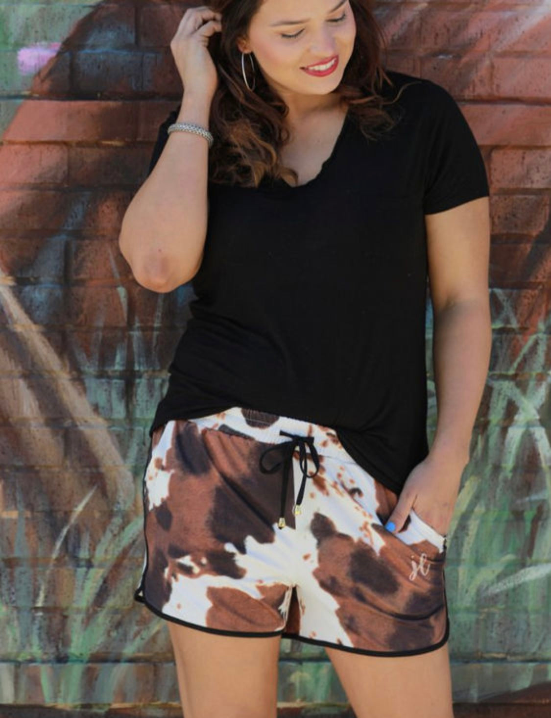 Brown Cow Print Drawstring Shorts