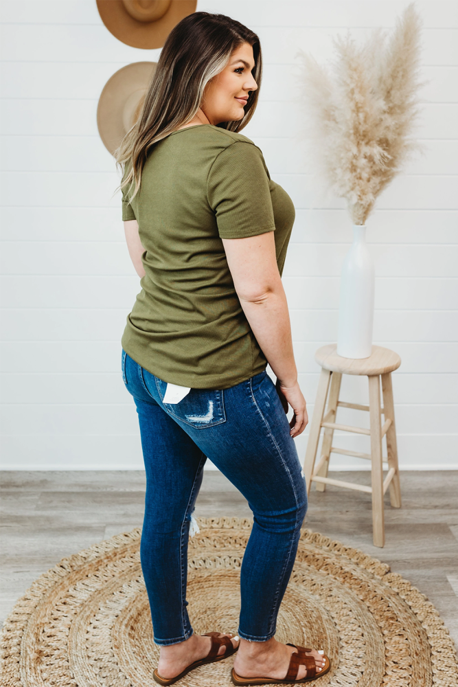 Green Olive Plus Size Crisscross Ribbed Knit Top-Curvy