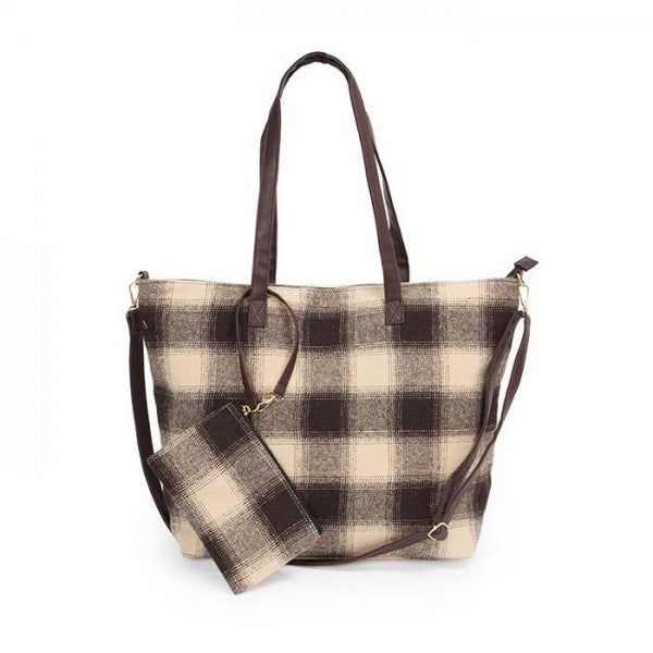 Plaid Flannel Tote Bags With Matching Wristlet Pouch