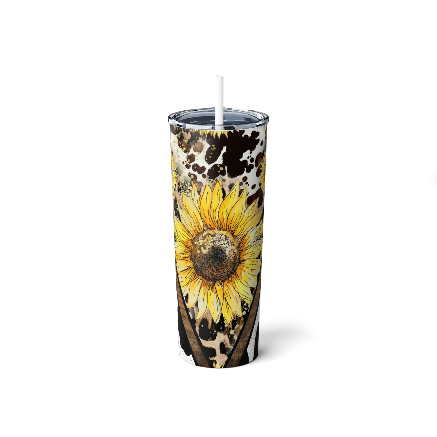 Sunflowers Cow Print Skinny Steel Tumbler with Straw, 20oz