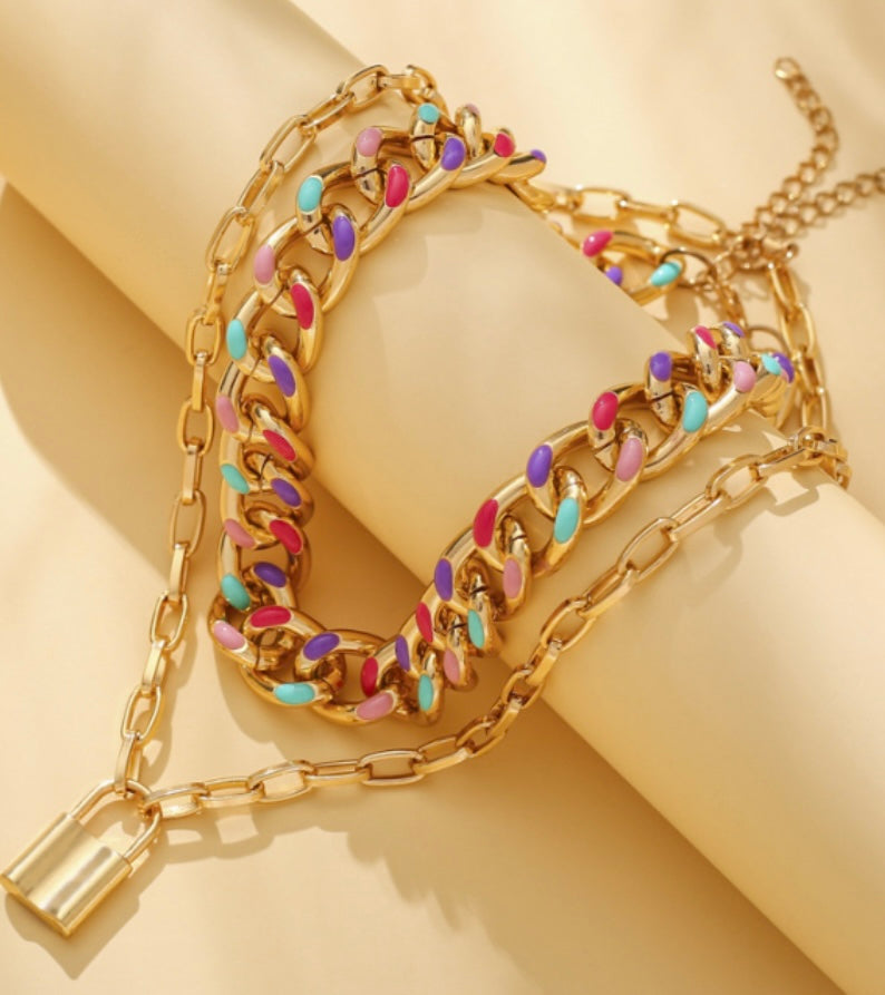 Rainbow Layered Necklace W/ Lock- Statement Piece