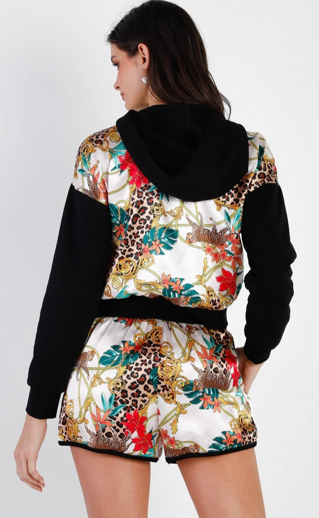 Satin Effect Animal Print Hooded Top & Short Set