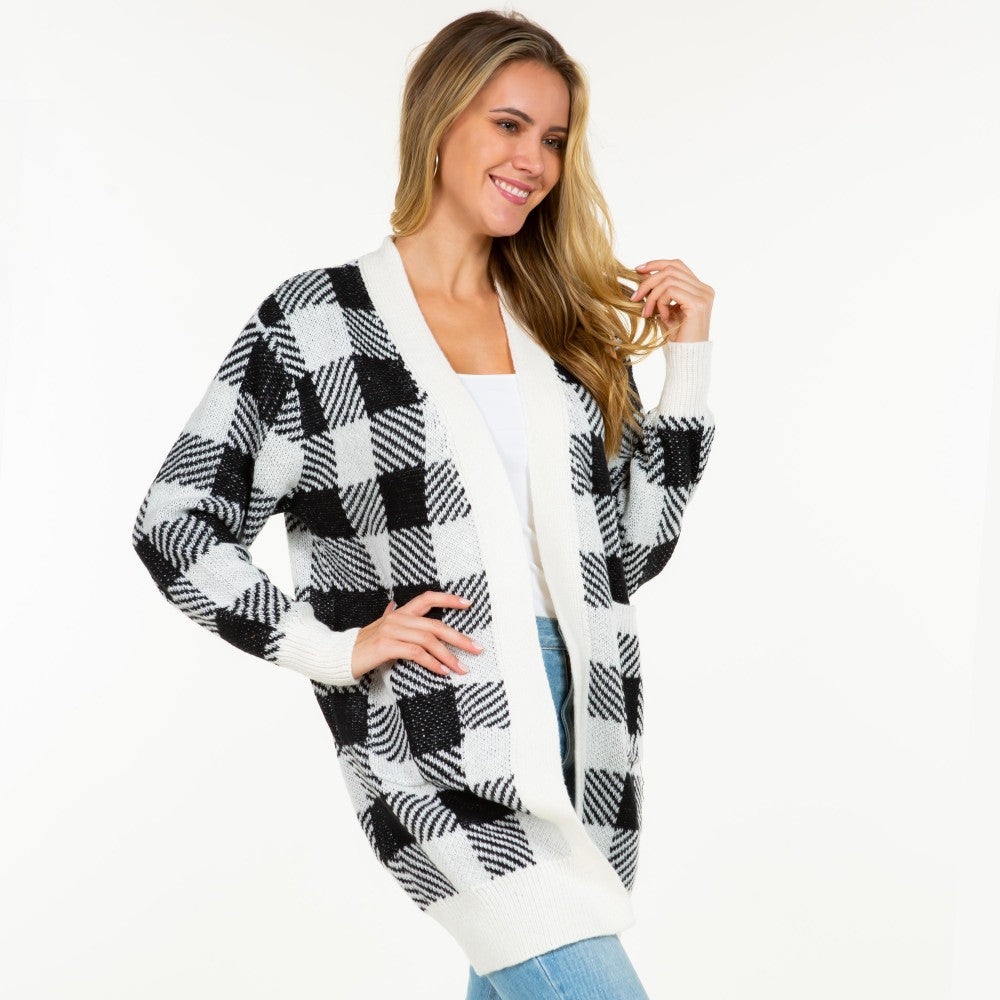 Knit Plaid Open Cardigan with Pockets