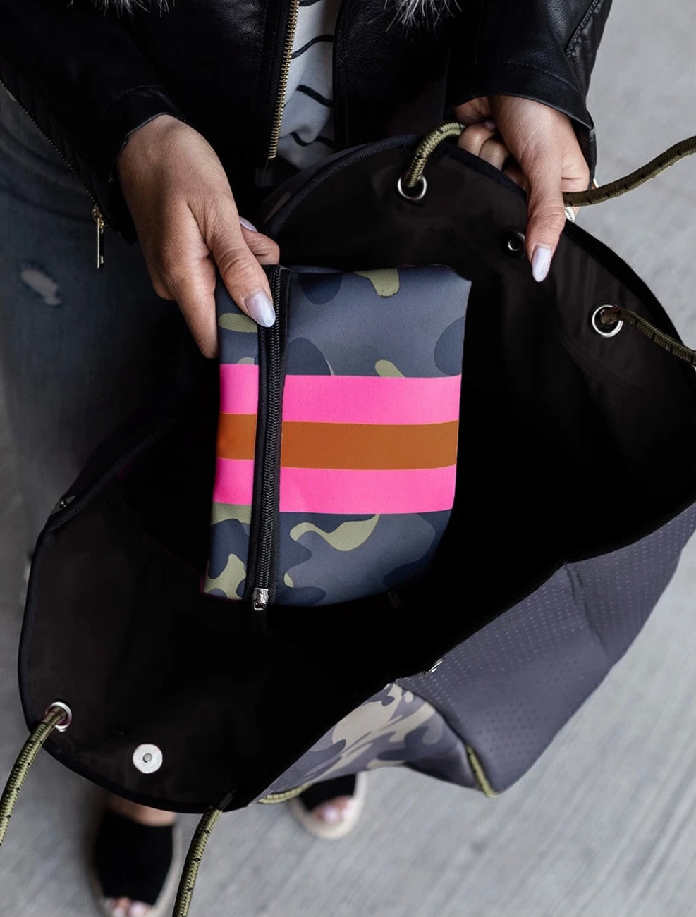 Green Camo Pink Striped Neoprene Tote Bag