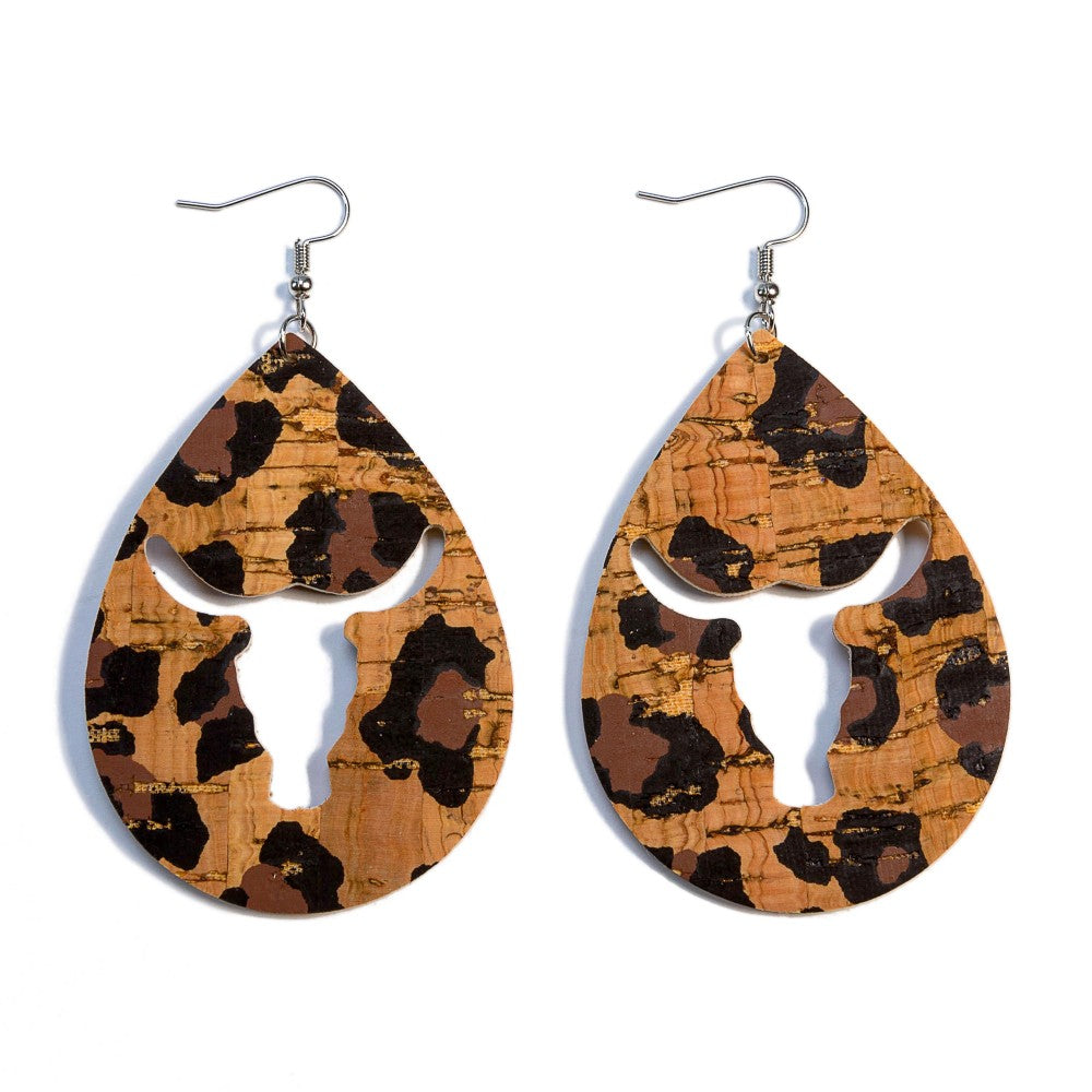 Teardrop Cork Western Bull Cut Out Earrings