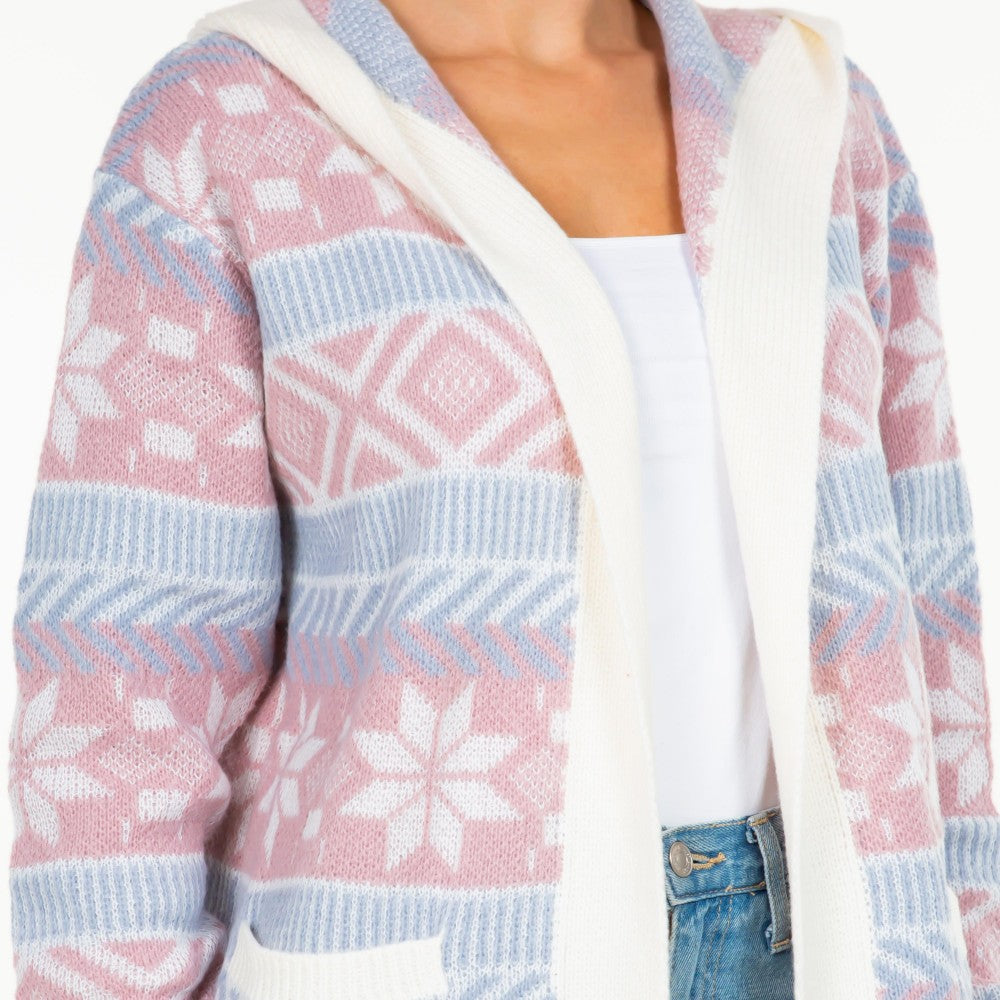 Hooded Knit Abstract and Nordic Snowflake Printed Open Hooded Cardigan