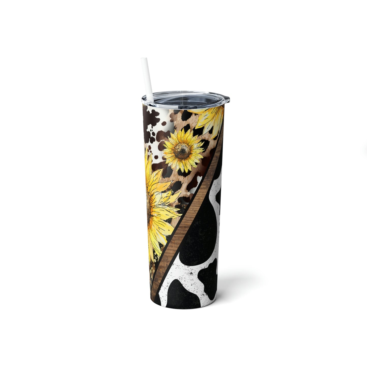 Sunflowers Cow Print Skinny Steel Tumbler with Straw, 20oz