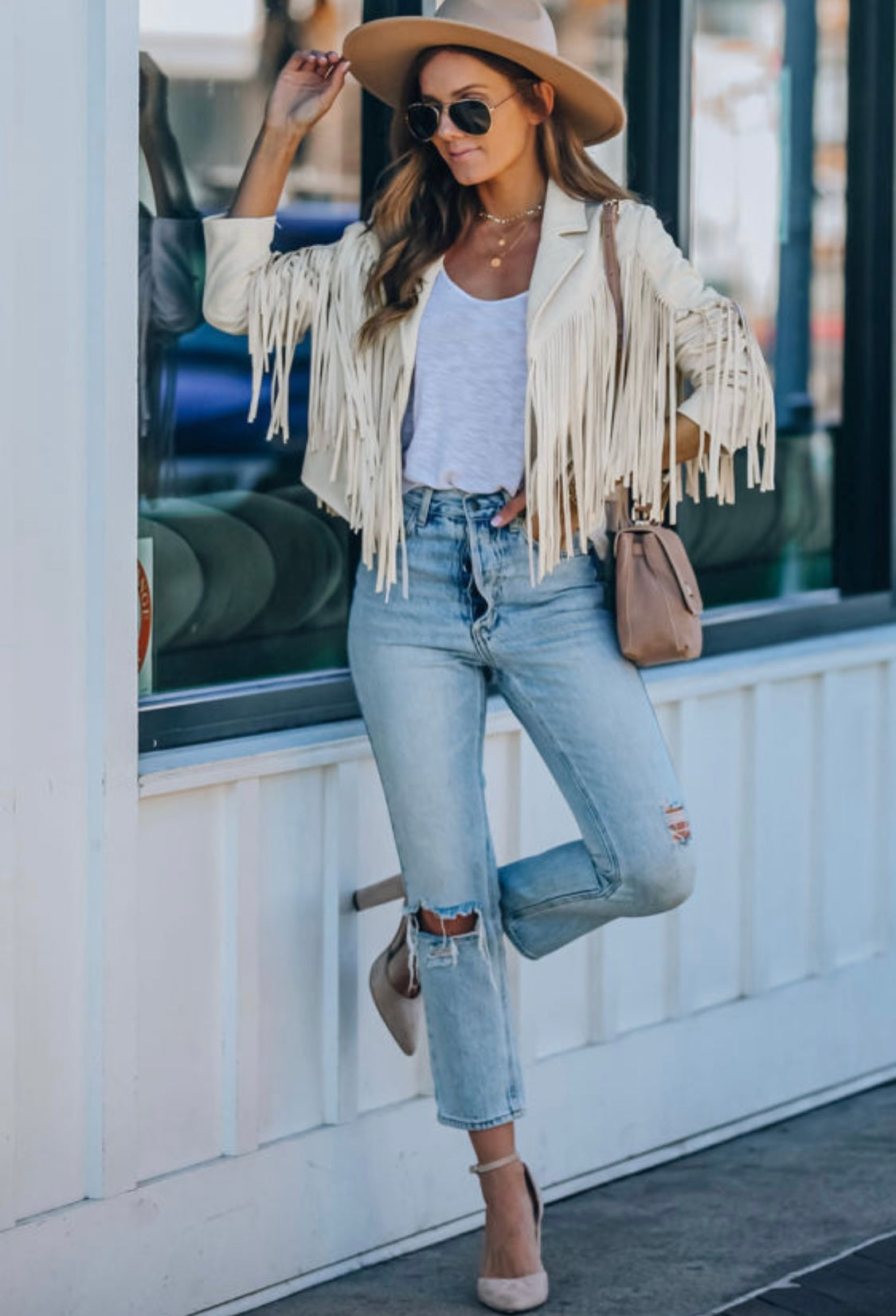 White Cropped Faux Suede Fringed Jacket