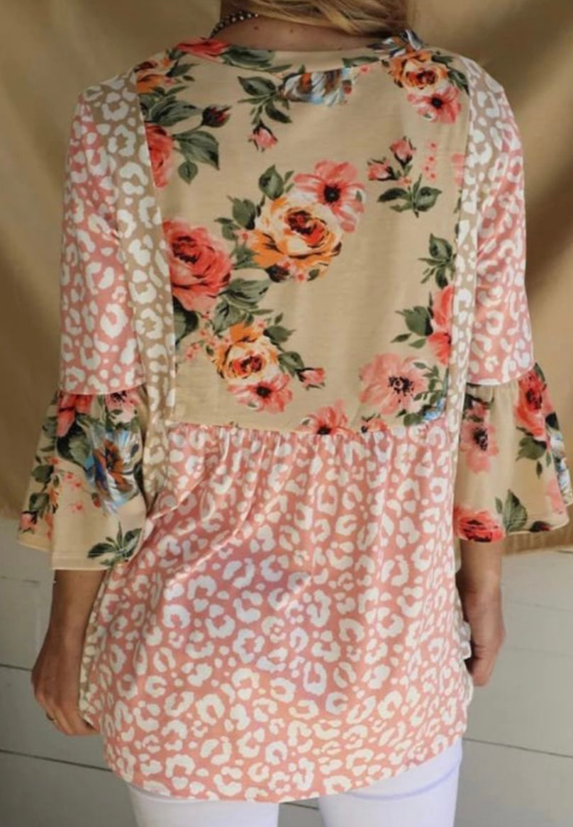 Printed Leopard Floral Patchwork Top