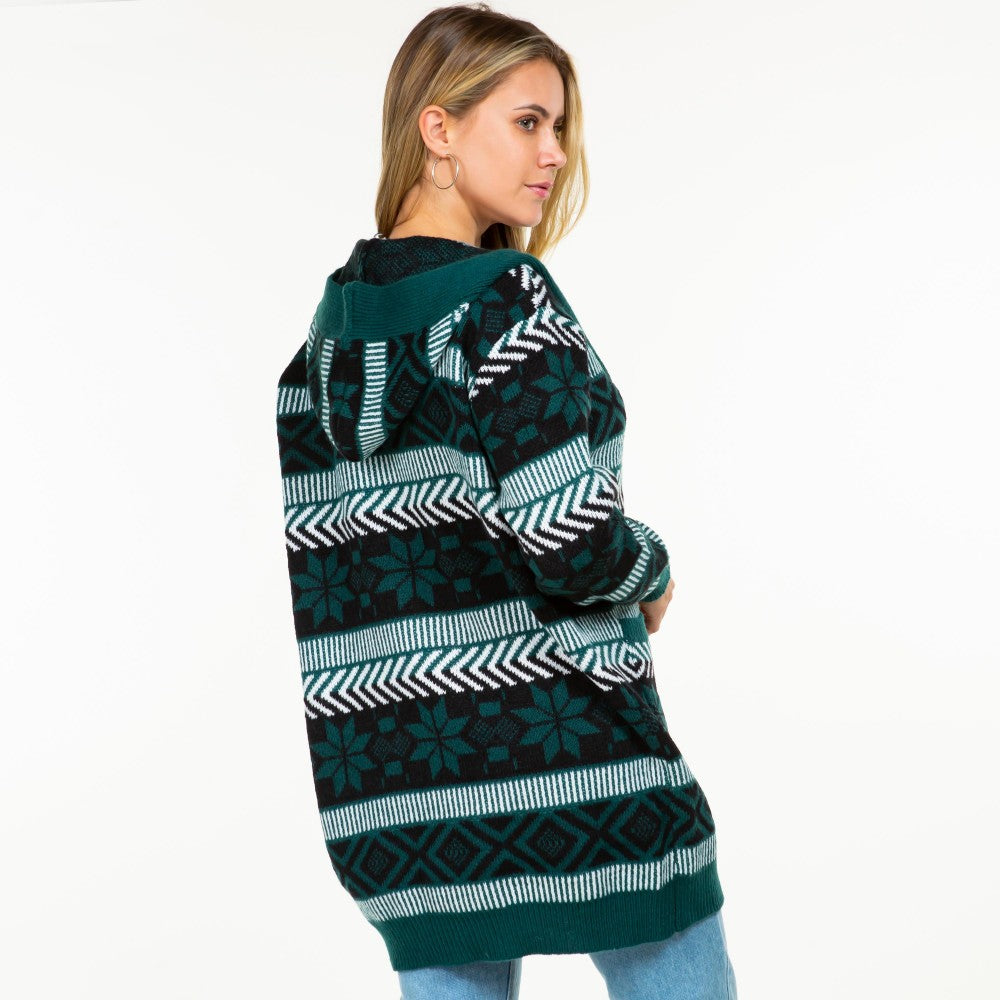 Hooded Knit Abstract and Nordic Snowflake Printed Open Hooded Cardigan
