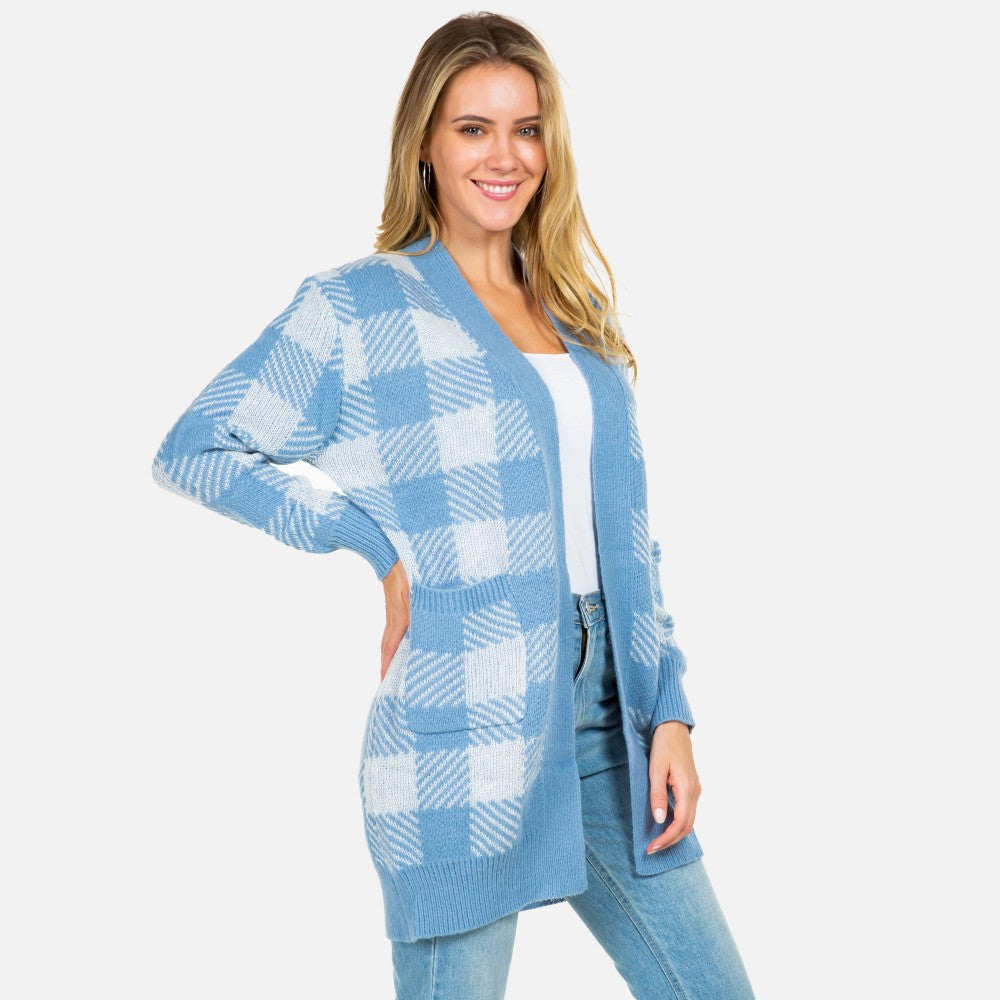 Knit Plaid Open Cardigan with Pockets