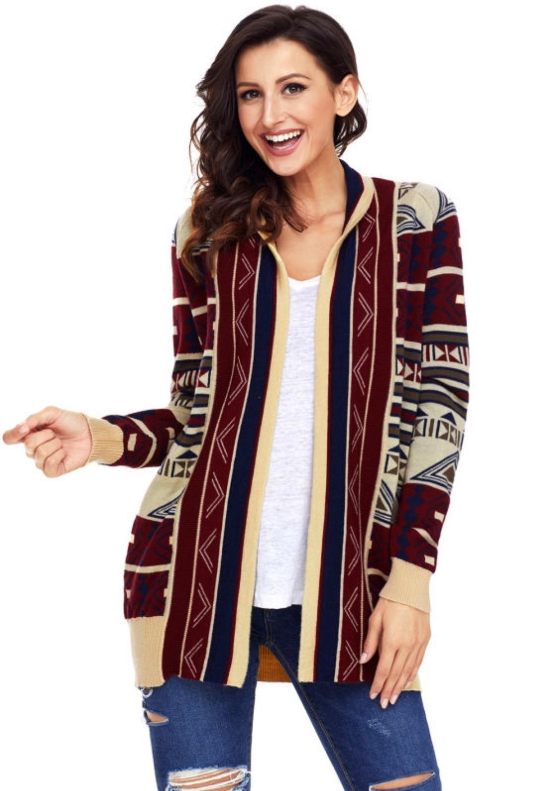 Multi Directional Aztec Print Open Front Cardigan