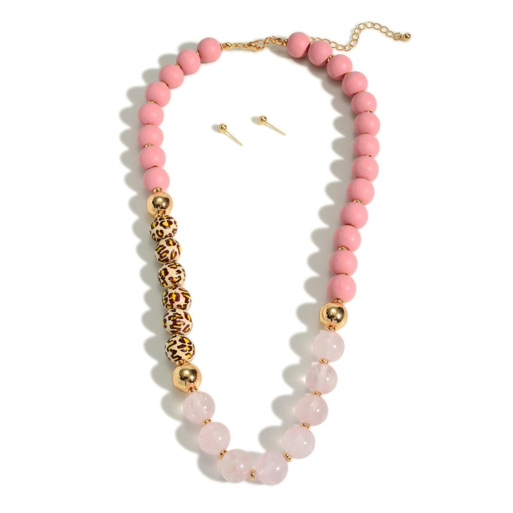 Wood and Stone Beaded Necklace + Earrings