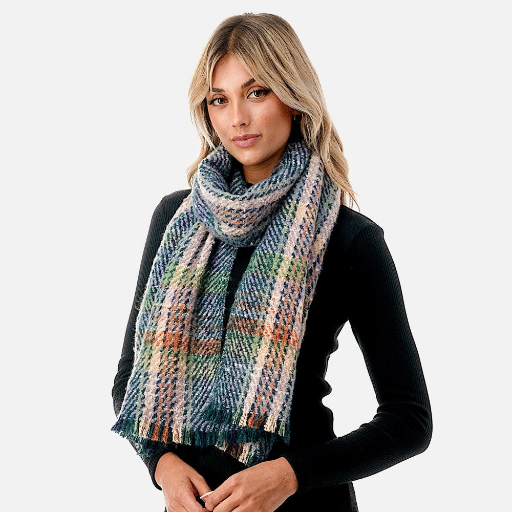 Fuzzy Plaid Scarf With Fringe Hemline-3 Colors