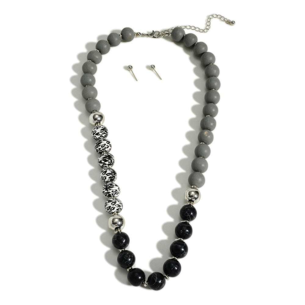 Wood and Stone Beaded Necklace + Earrings