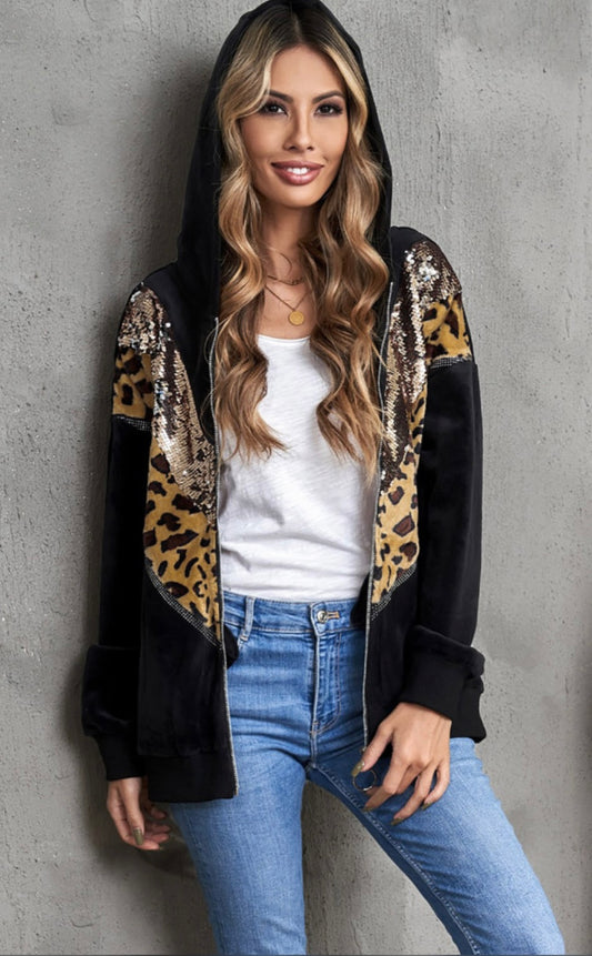 Chevron Sequin Leopard Patchwork Zip up Jacket