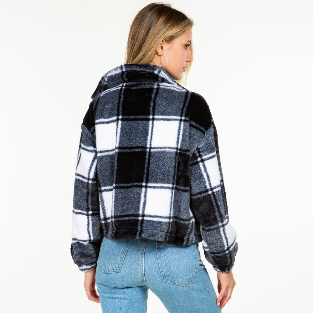 Faux Fur Black Plaid Zip Up Jacket With Drawstring Waist