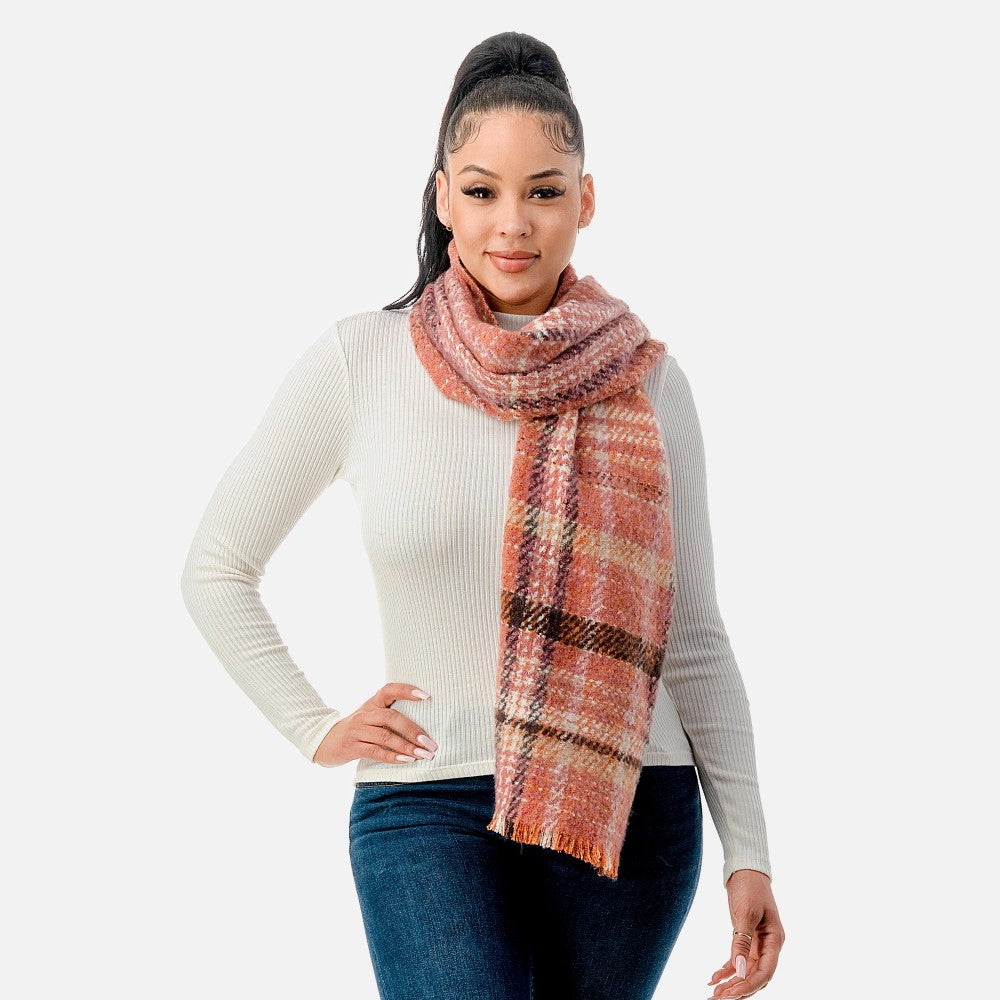 Fuzzy Plaid Scarf With Fringe Hemline-3 Colors