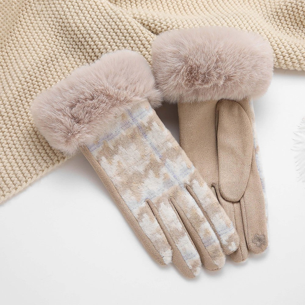 Faux Fur Cuff Houndstooth Gloves
