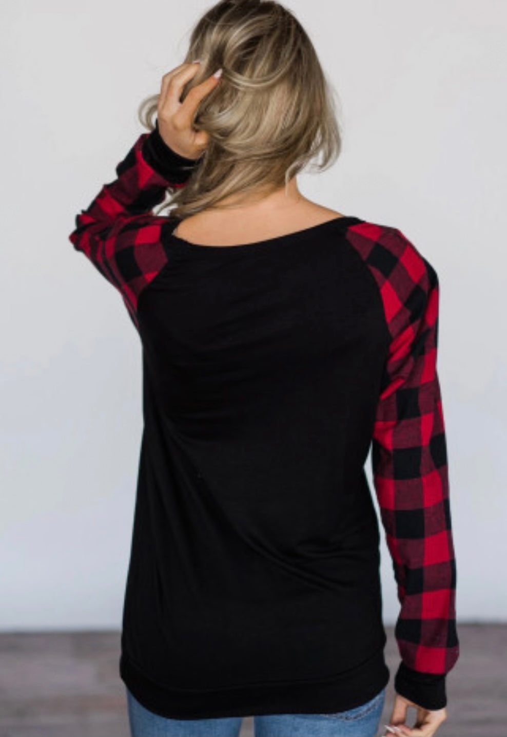 Red Buffalo Plaid Long Sleeve Black Lightweight Sweatshirt