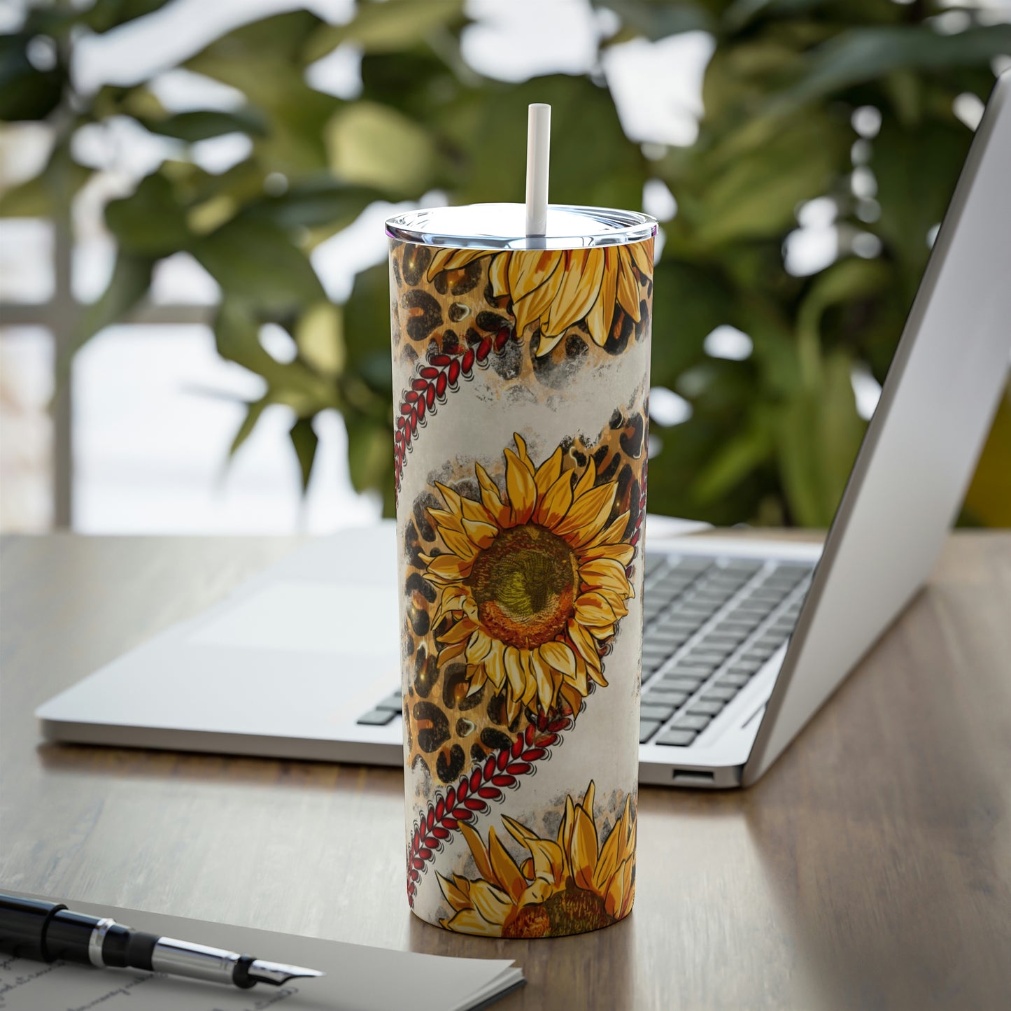 Baseball Sunflower Skinny Steel Tumbler with Straw, 20oz