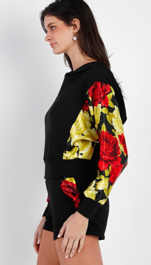 Satin Effect Red & Lime Floral Print Hooded Top & Short Set