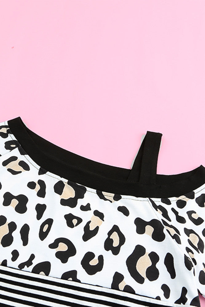 Leopard + Striped Cold Shoulder Top