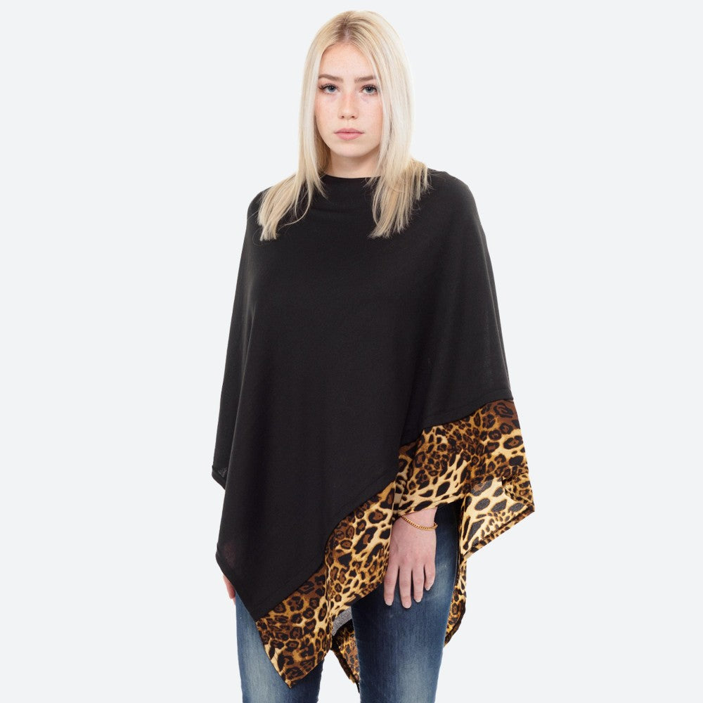 Leopard Trimmed Lightweight Knit Poncho-3 Colors
