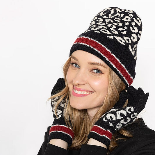Leopard Print Knit Beanie With Stripe