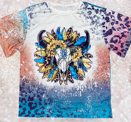 Bull Head & Sunflowers Bleached Leopard Print Tee