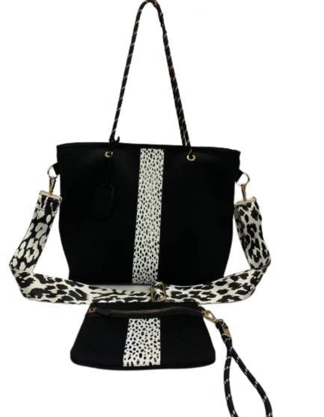 Black Leopard Print Striped Neoprene Tote W/ Wristlet