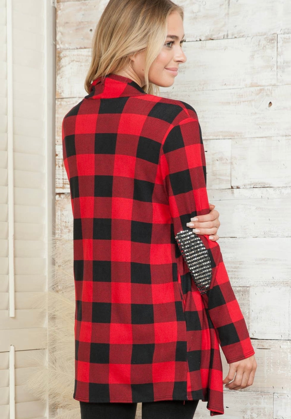 Plaid Sequin Elbow Patch Cardigan - Full Size Run