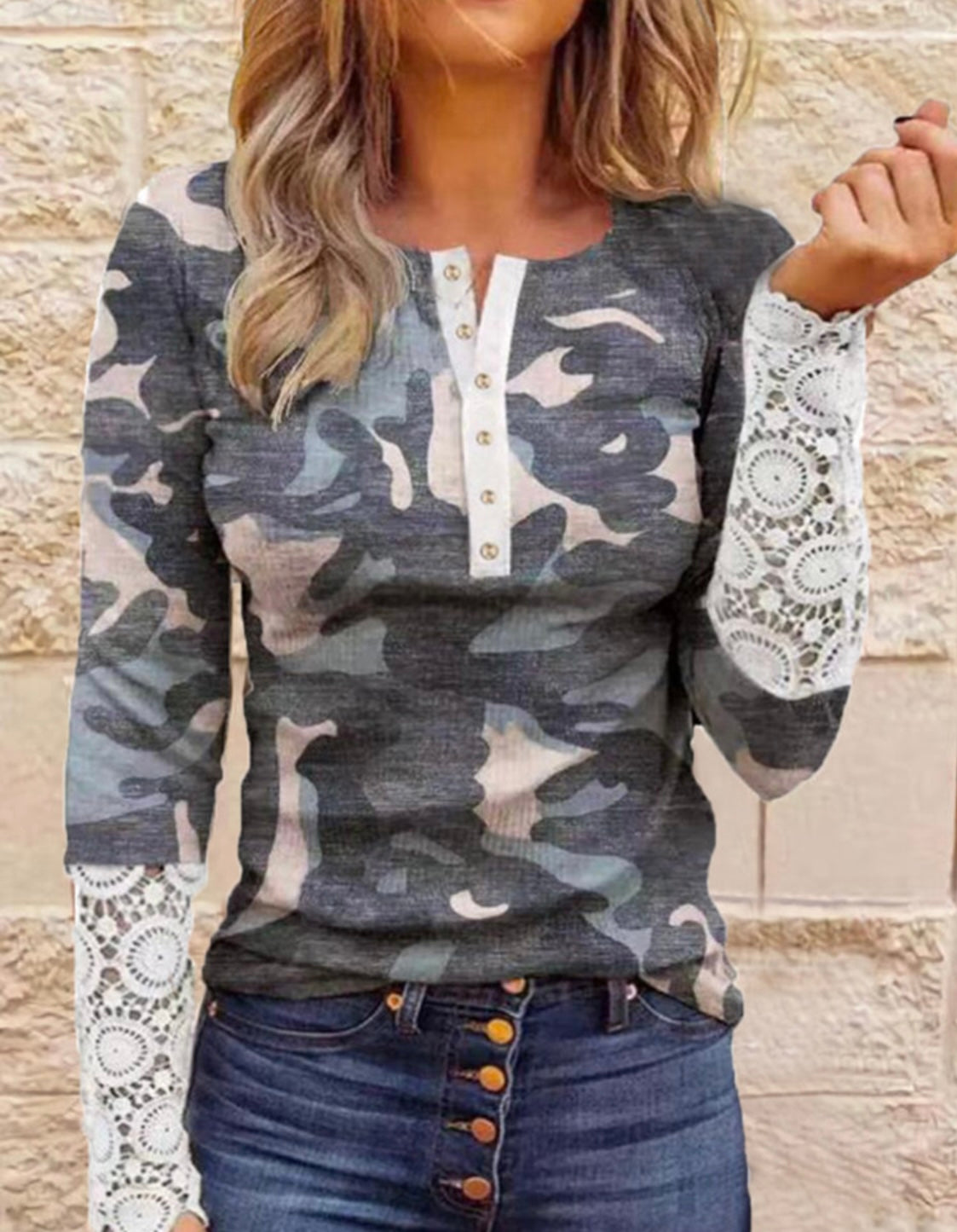 Camo Lace Sleeve Top